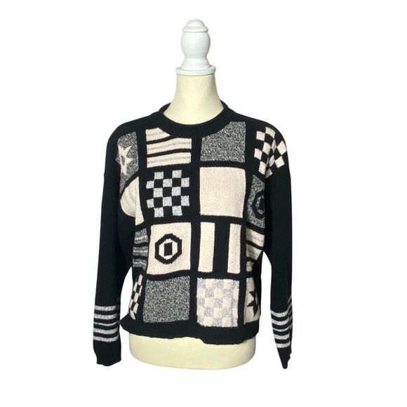 Vintage Lizwear Geometric Patchwork Cotton Knit Sweater Women's Size MP - Picture 1 of 16